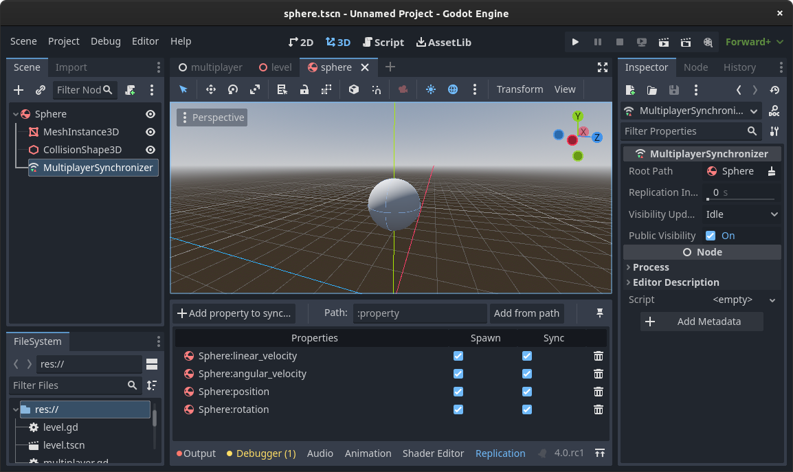 Editor view of a scene with a MultiplayerSynchronizer